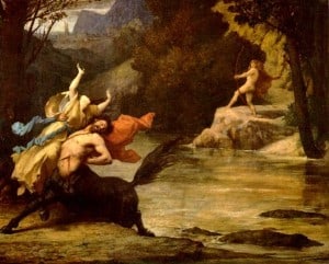 Nessus, der Kentaur mit Deianeira, verfolgt von Herakles